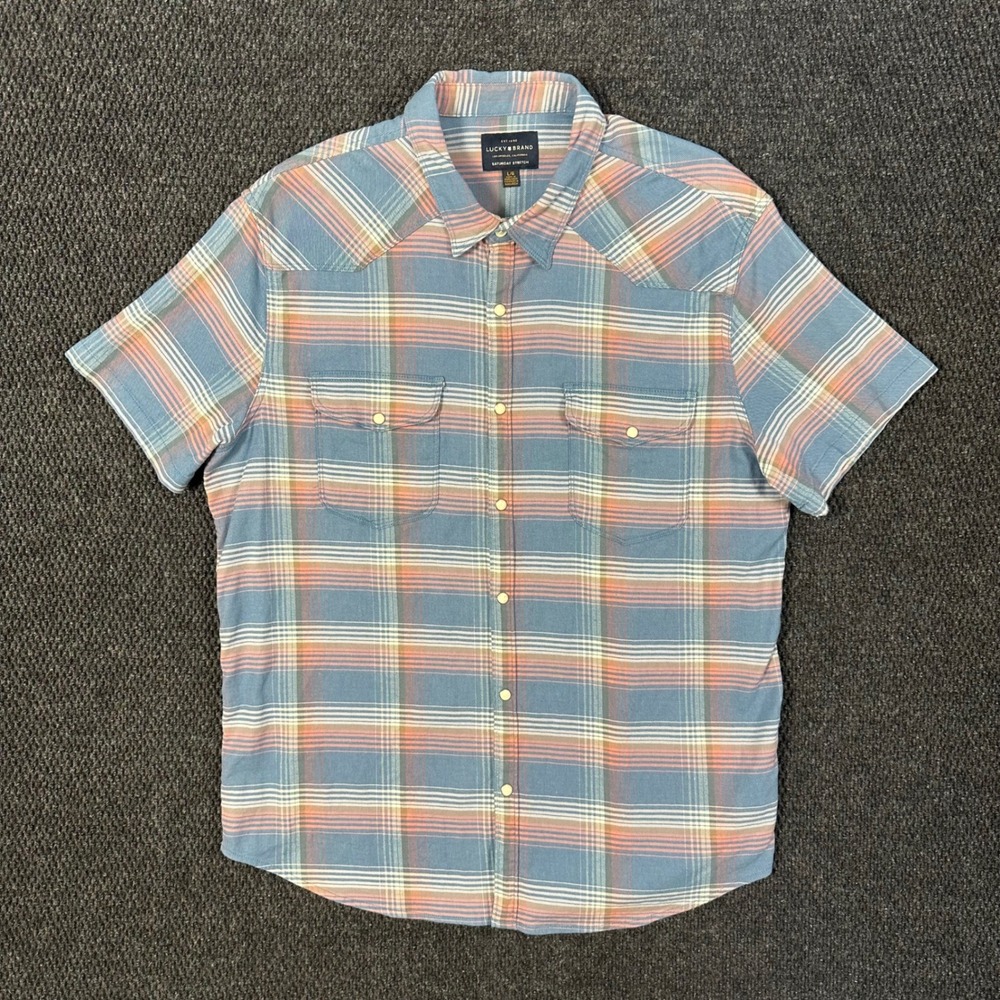 Lucky Brand Western Pearl Snap Shirt Mens L Blue Plaid Saturday Stretch